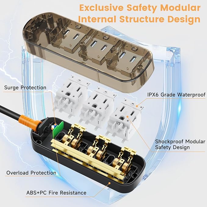 Outdoor Power Strip Weatherproof 10 FT Extension Cord Waterproof Surge Protector Power Strip, 3 AC Outlets, 1625W Overload Protection, for Camping, Home, Office, Garden, FCC UL Listed