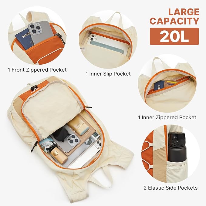 G4Free 20L Hiking Backpack Lightweight Daypack with Phone Pocket Small Packable Foldable Hiking Bag for Women Men, Orange+Beige