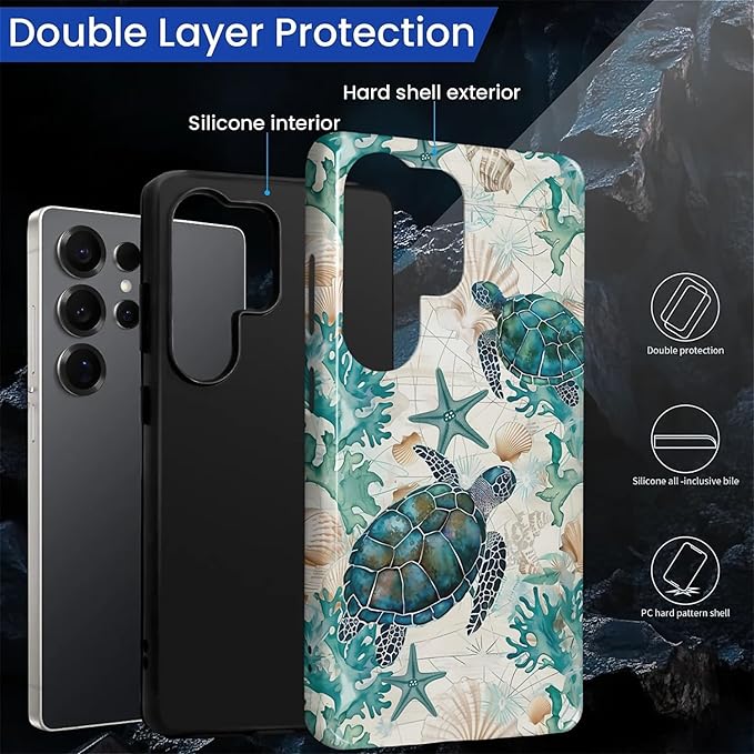 for Samsung Galaxy S25 Ultra Case,HL2 Ocean Sea Turtle Nautical Map Hybrid 2 Layer Hard Shell Silicone Protective Pattern Design Case