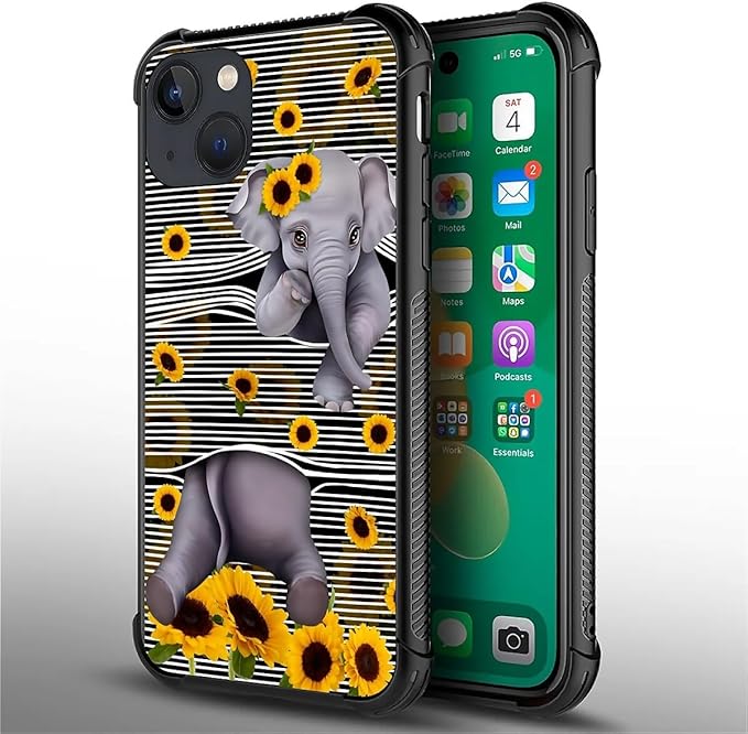 for iPhone 13 Mini Case, Cute Little Elephant Sunflower White Line Art Pattern Made of Soft Silicone Hard Acrylic Shock Protection for iPhone 13 Mini