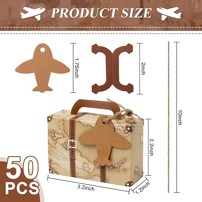 50Pcs Party Favor Candy Box, Vintage Mini Suitcase Favor Box, Kraft Paper with Tags and Burlap Twine for Travel Themed Party, Bridal Shower, Wedding Decorations