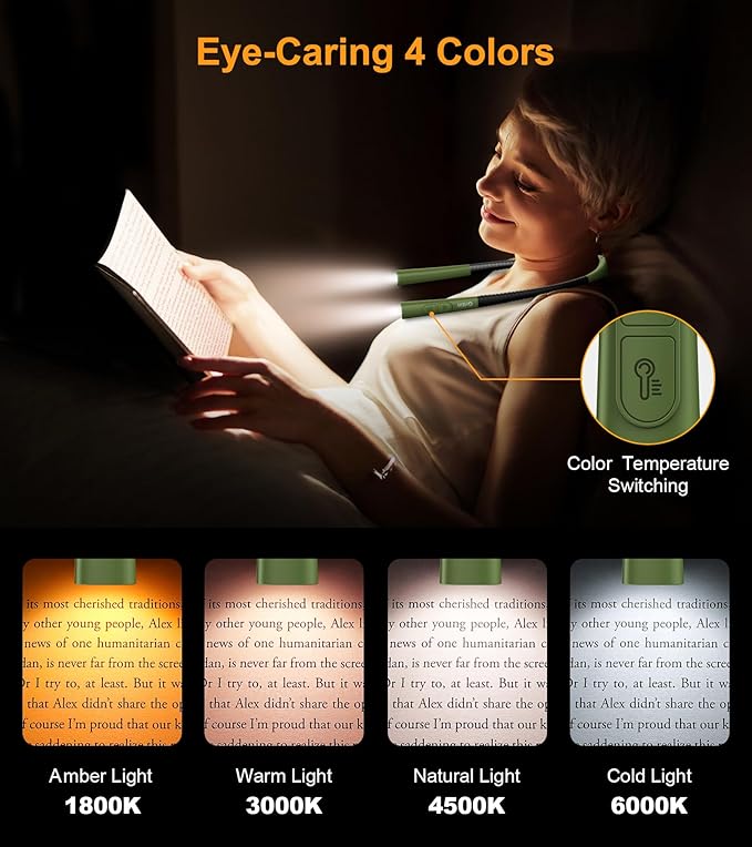 Gritin Book Light, Eye Caring 4-Color & 5-Brightness Neck Light Reading Light- Stepless Dimming,30-min Timer,80+ Hrs Runtime,Bendable Round Neck Design, Lightweight for Reading-Deep Green