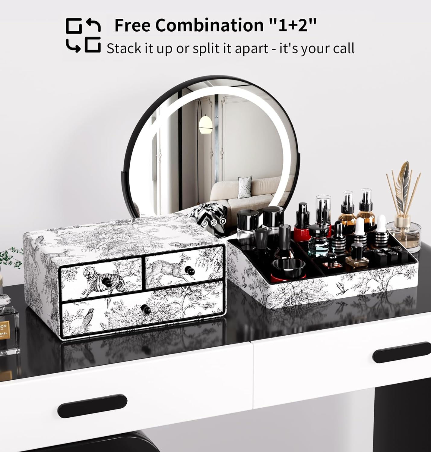 GORESE Leather Makeup Organizer with 3 Drawers for Vanity, Stackable Skincare Holder Dresser Organizer Countertop, Make Up Storage Organizers Counter Cosmetic Display Case Gift for Women(Retro Black)