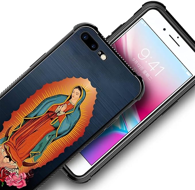 Case for iPhone 7 Plus/8 Plus, Red Virgen Guadalupe Pattern, Soft Silicone Hard Acrylic for Shock Protection