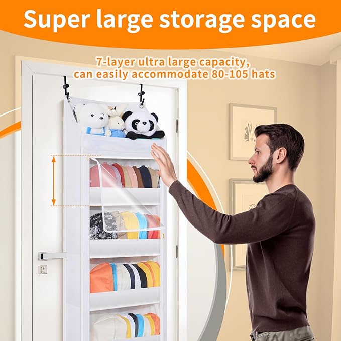 Toread 7-Layer Door-Mounted Baseball Cap Organizer, Dust-Proof Hat Rack Holds 90 Hats, Adjustable Non-Slip Hooks, Multi-Purpose Organizer for Nursery, Bathroom, Bedroom - Patented Design