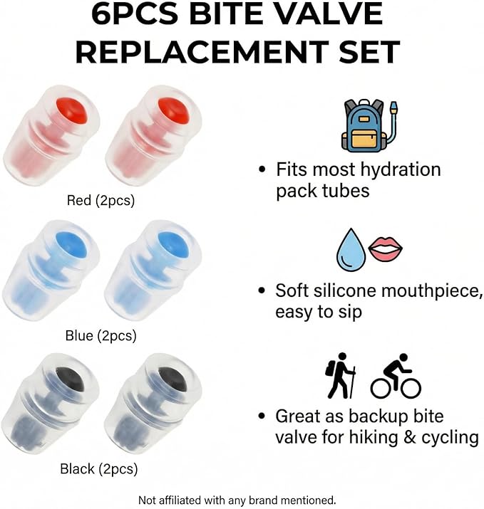 6PCS Silicone Bite Valve Replacement Nozzles, Bite Valve Replacement Sheath for Water Bladder Reservoirs, Hydration Pack Bite Valve Sheath Safe Nozzle Mouthpiece Replacement Compatible with Osprey