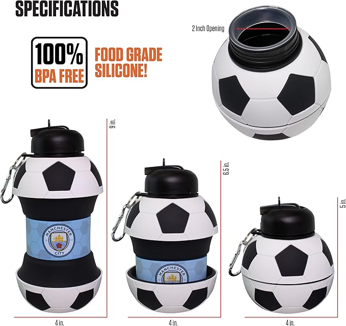 Maccabi ART Manchester City Clip-On Collapsible 1 Liter, 34 oz. size BPA-Free Silicone Soccer Large Water Bottle