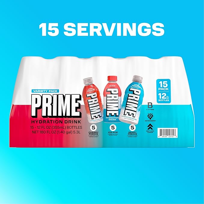 PRIME HYDRATION Variety, Berry Freeze, Cherry Freeze, & Ice Pop Sports Drinks, Electrolyte Enhanced to Replenish Fluids, Zero Added Sugar, B Vitamins, Antioxidants, Natural Flavors, 12 Fl Oz, 15 Pack