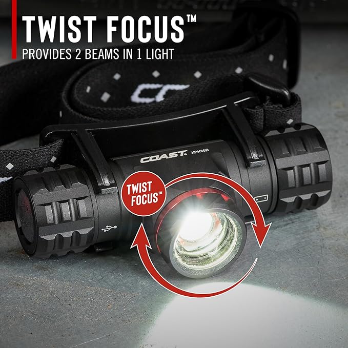 Coast XPH30R 1500 Lumen USB-C Rechargeable Dual Power Headlamp with Twist Focus Beam and Magnetic Base, 4.37 oz. - Forest Green