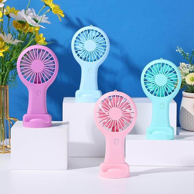 Woanger 12 Pcs Mini Handheld Fan Bulk 3 Speed USB Electric Battery Operated Small Portable Pocket Fan with Data Cable and Mounting Base Quiet Summer Gift for Wedding Travel(Pink Blue Green Purple)