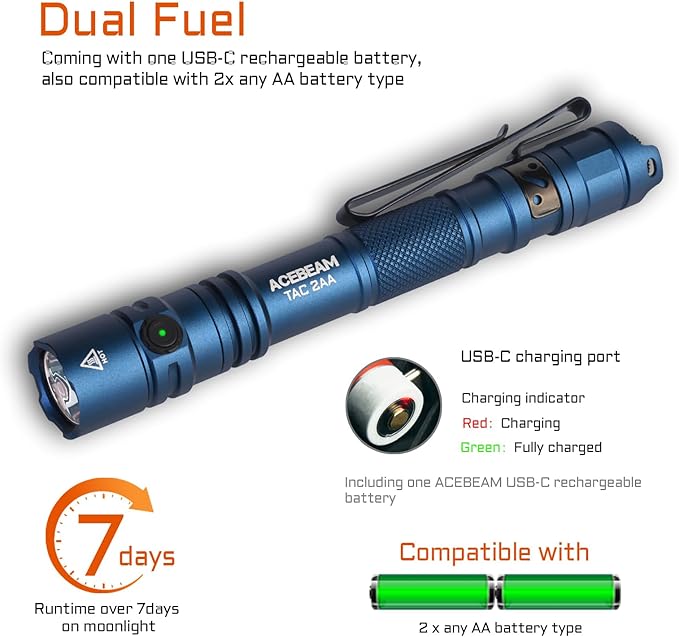 ACEBEAM TAC 2AA EDC Tactical Dual Modes Flashlight Rechargeable, 1400 High Lumens Flashlight, Dual Switch Pocket LED Flashlight, Super Bright Small Flash Light for Emergency, Camping, Home(SFT-25R HI)