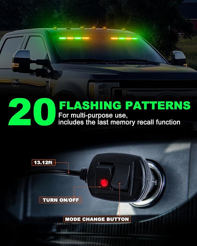 HLauto 6Z4J Emergency Dash Strobe Lights: 2x16.8 inch Green Amber Safety Lights, 48 LED Flashing Warning Hazard Interior Windshield Visor Traffic Light Bar for Trucks, Construction Vehicles