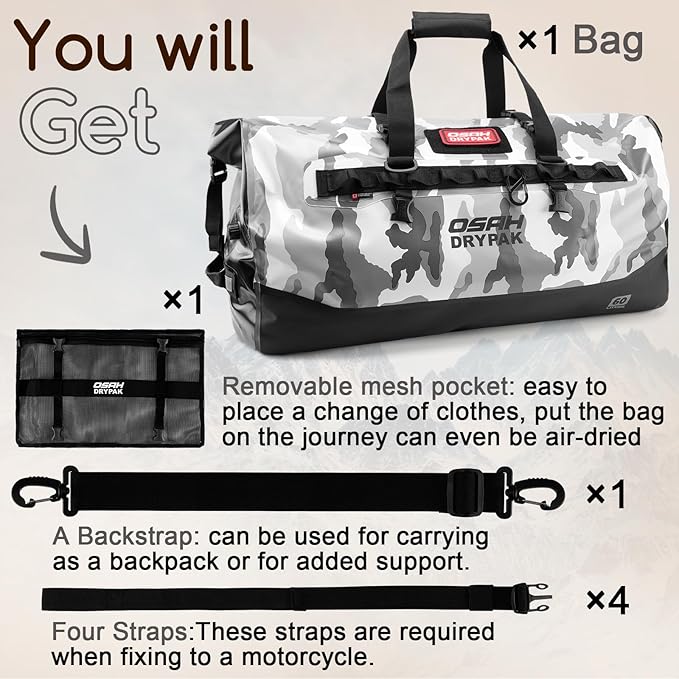 OSAH DRYPAK Waterproof Duffel Bag 25L/40L/60L – Heavy-Duty Motorcycle Tail Bag, Roll-Top Dry Bag for Travel, Camping, Boating, Kayaking, Outdoor Adventure