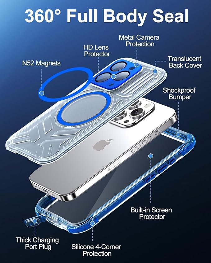 for iPhone 15 Pro Waterproof Case with Magsafe, Built-in [Camera & Screen Protector] [Lanyard], IP68 Water Proof Full Body Dustproof Heavy Duty Frosted Protective Phone Cover, 6.1" Blue
