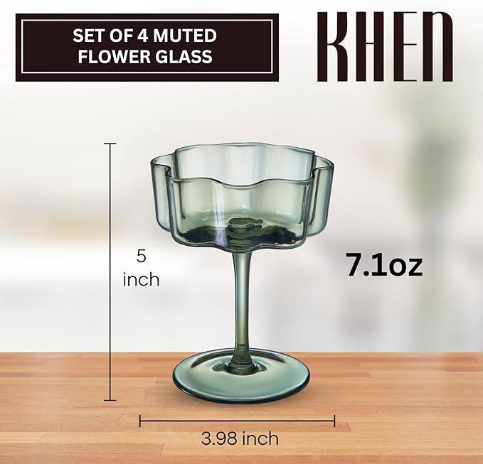 Khen Shatterproof Acrylic Flower Wavy Vintage Art Deco Martini, Champagne & Cocktail Muted Pastel Color Plastic Tritan Coupe Glasses | 4 Set | 8.5oz Glassware Classic Cocktail Indoor & Outdoor Set