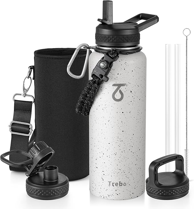 Trebo Water Bottle 40oz with Paracord Handle, Half Gallon Large Vacuum Triple Wall Stainless Steel Insulated Water Jug with Holder Strap Straw Spout Lids, Leakproof Keep Cold & Hot,Starry White