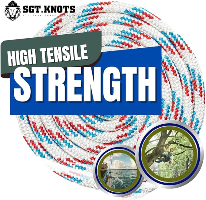 SGT KNOTS Arborist Double Braided Polyester Rope - Heavy Duty Tree Pulling Rope, Rigging, Tree Ropes, Arborist Pulling, Felling, Sailing, Industrial Rigging (1 in x 10ft) Red-White-Blue