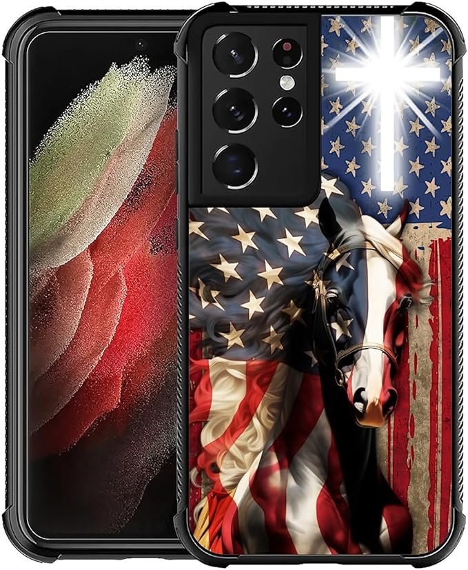 for Samsung Galaxy S21 Ultra Case, Red American Flag Horse Cross Pattern Graphic Design Girl Boy Soft Silicone Hard Acrylic Shock Protection for Samsung Galaxy S21 Ultra