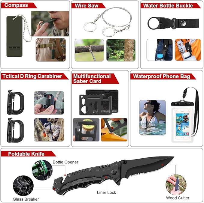Survival Kit, 251 Pcs Survival Gear First Aid Kit with Molle System Compatible Bag and Emergency Tent, Emergency Kit for Earthquake, Outdoor Adventure, Hiking, Hunting, Gifts for Men Women