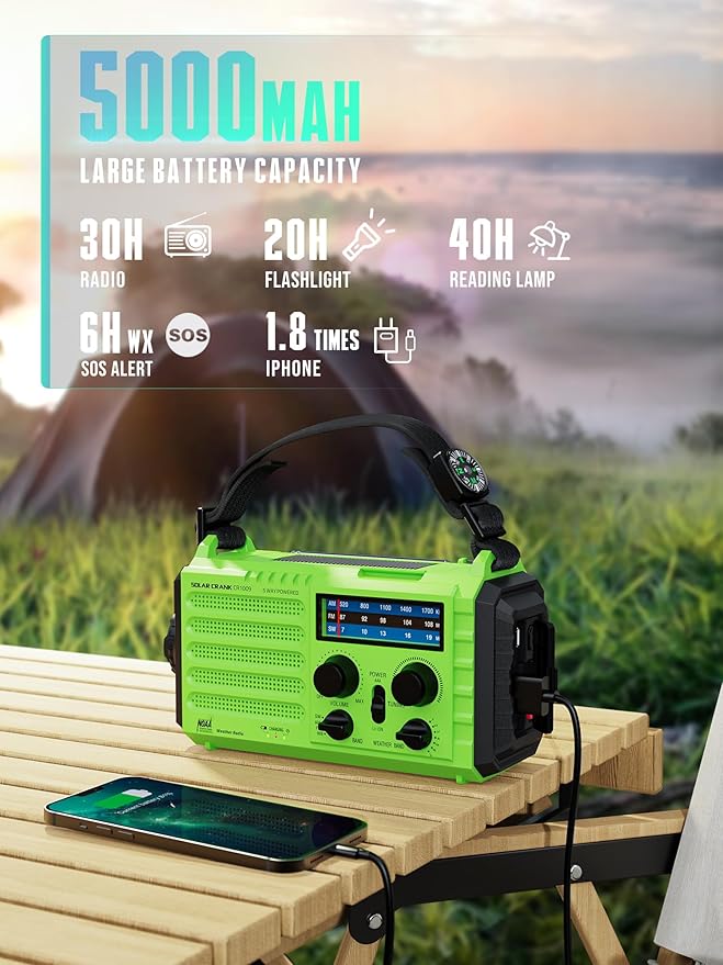 Emergency Radio with NOAA Weather Alert – Solar Hand Crank Portable AM/FM Shortwave Radio, Rechargeable Battery 5000mAh, USB Charger, Flashlight, SOS Alarm for Home Outdoor Hurricane Survival
