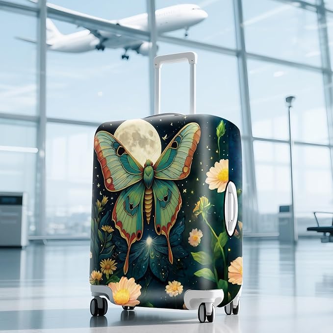 Moonlit Butterfly Flower MothTravel Luggage Cover -Stretchable Airplane Suitcase Protector Sleeve,Universal Washable Fit for 28-30 Inch Checked Baggage,Water Resistant Durable Luggage Protector