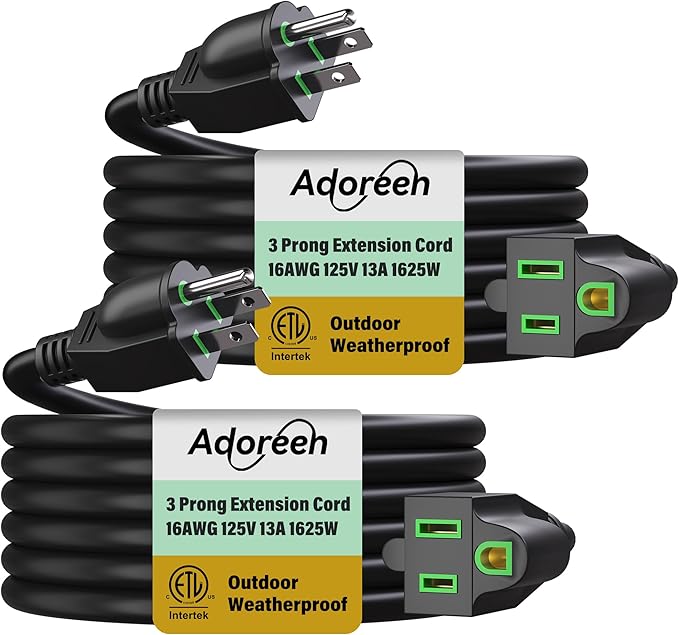Adoreen Outdoor Power Extension Cord 50 Ft/2 Pack, 3 Prong 16 AWG Grounded Wire Heavy Duty Weatherproof Electric Cable for Indoor Christmas Light Lamp, 13A 125V 1625W, SJTW-ETL- Black with Green