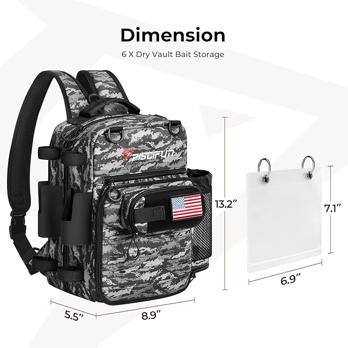Piscifun Fishing Tackle Backpack, Convertible Sling or Waist Pack, 16-Pocket Storage Gear Bag with 2 Rod Holders & Rain Cover