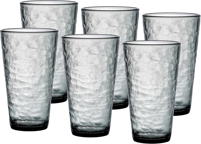 KLIFA- RIPPLE- 22.5 ounce, Set of 6, Acrylic Highball Drinking Glasses, Shatter-proof Cups, BPA-Free, Stackable Plastic Drinkware, Dishwasher Safe, Gray-Black