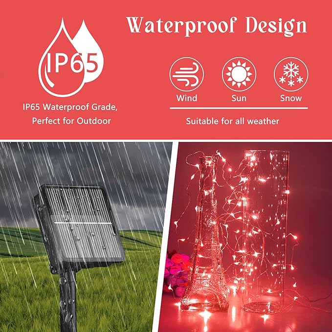 Selarlyt Solar String Lights for Outside, 72Ft 200 LED Solar Fairy Lights with 8 Modes, Solar Powered Fairy Lights Waterproof for Christmas Tree Garden Party Wedding（Red）