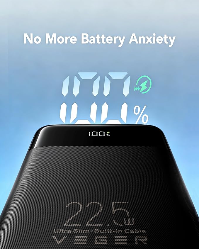 VEGER Portable Charger, Ultra Slim 22.5W Fast Charging with Built in Cable, Flight-Safe 10000mAh USB C Power Bank Battery Pack, Travel Essential Phone Powerbank for iPhone 17 16 Samsung S25 Google etc