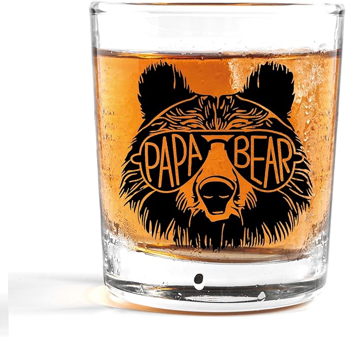 Nogrit Papa Bear Whiskey Glasses 10 oz, Papa Dad Gifts for Father's Day Birthday from Son Daughter Old Fashioned Rocks Glasses for Men Drinking Cocktail Scotch Vodka Tequila Rum