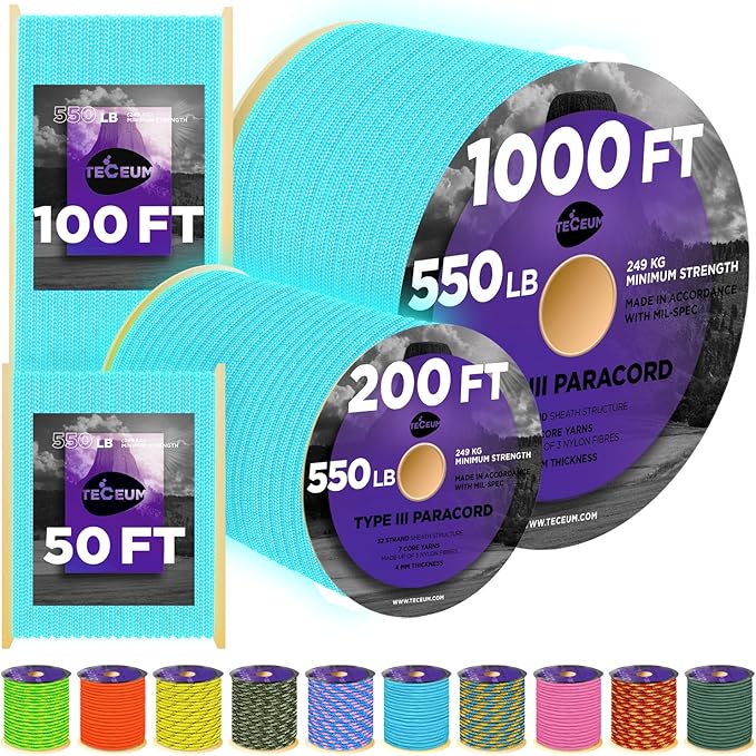 TECEUM Reflective Paracord Rope 1000 – 1000ft/200ft/100ft/50ft – 40+ Colors – Glow in The Dark – para Cord – Utility Rope for Survival, Hunting & Camping Gear – Nylon String, Camping Rope, Tent Cord