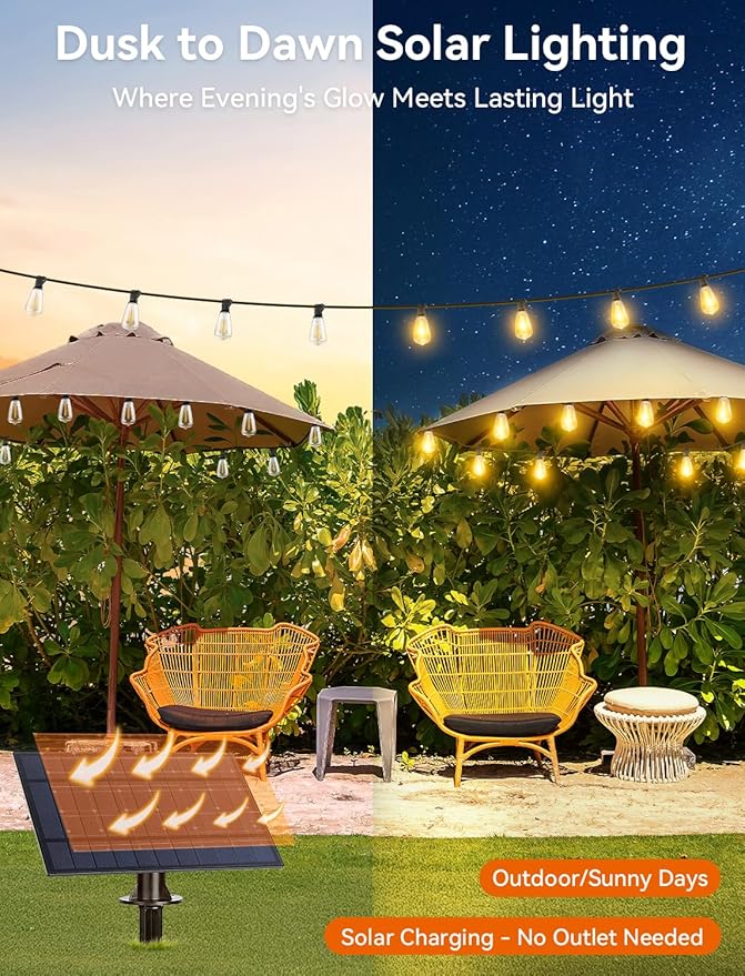 Brightever 75FT Solar String Lights Outdoor Waterproof with Remote, 34+1 Shatterproof ST38 LED Bulbs, 3 Lighting Modes & Warm White, Dimmable Outdoor Solar Lights for Backyard, Bistro, Deck