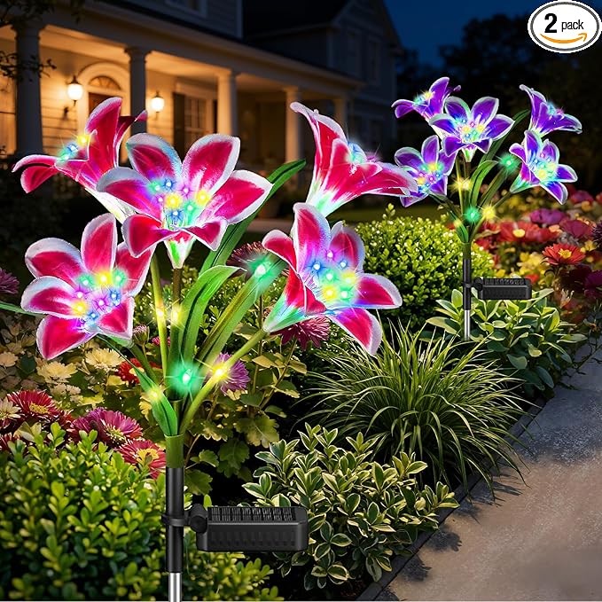 Upgrade Solar Lights Outdoor Garden Decor: 2 Pack Solar Lily Flowers, 10 Colored Blooming Lilies with Glowing Stems, Waterproof Decorative Light for Yard Patio Flower Bed, Gifts for Women