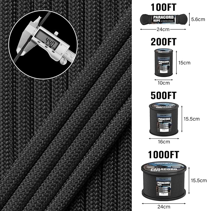 1200 Paracord Rope - 4.4mm Nylon Parachute Spool para Cord Lanyard for Outdoor Camping Survival Utility Tent Crafting DIY Projects Fishing Clothsline Bracelet - Black 100FT