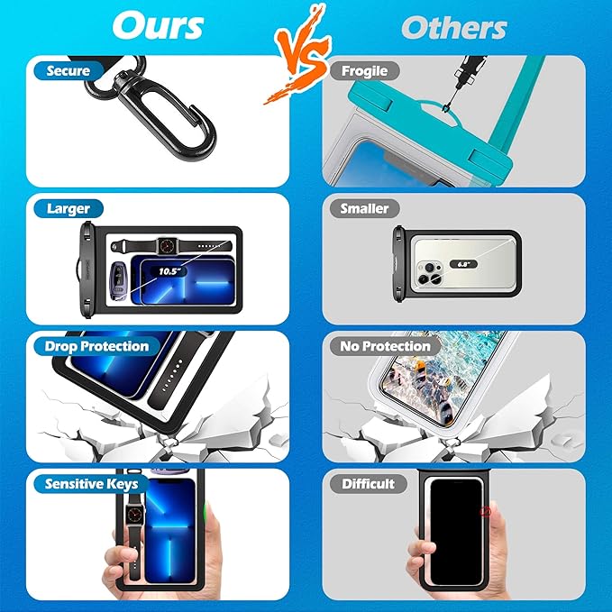 10.5" XL Large Waterproof Phone Pouch - 2 Pack Underwater Clear Cellphone Holder - Universal Water-Resistant Dry Bag Case with Neck Lanyard for iPhone Samsung Galaxy for Beach Swimming Pool