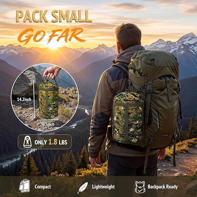 Insulated Camping Blanket | Military Poncho Liner for Hiking Backpacking Travel Hunting & Survival Gear, Water Resistant Outdoor Blanket with Lightweight & Packable Compression Bag (Camo)