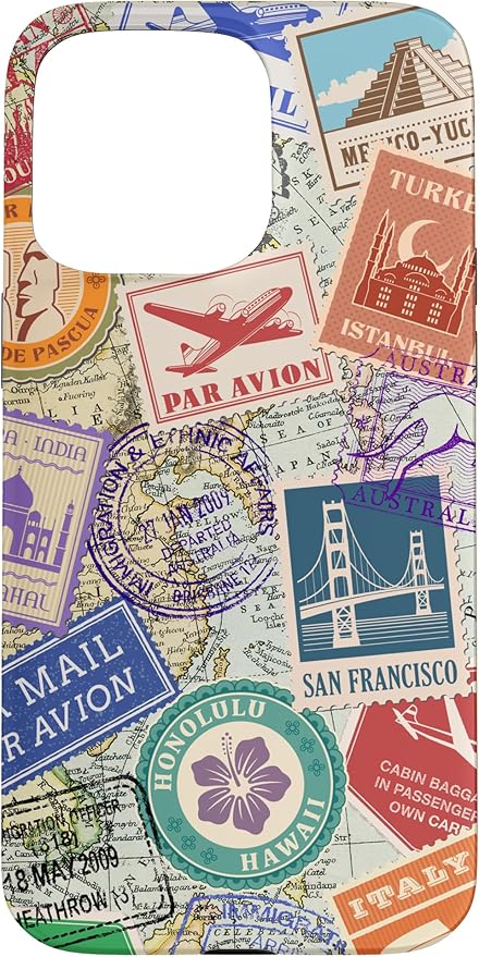 World Map Travel Passport Stamps Postage Stamp Case for iPhone 15 Pro Max
