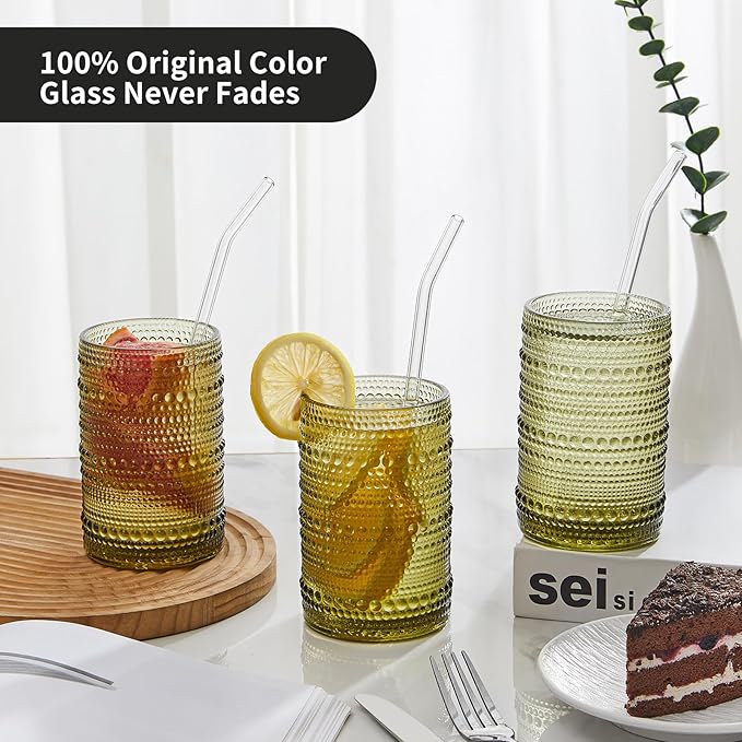 HomeVogue Hobnail Drinking Glasses Set of 6,15 oz Vintage Glassware Set Cocktail Glass Set, Embossed Green Water Tumbler,for Beer, Whiskey,Juice and Various Mixed Drinks (15oz Green)