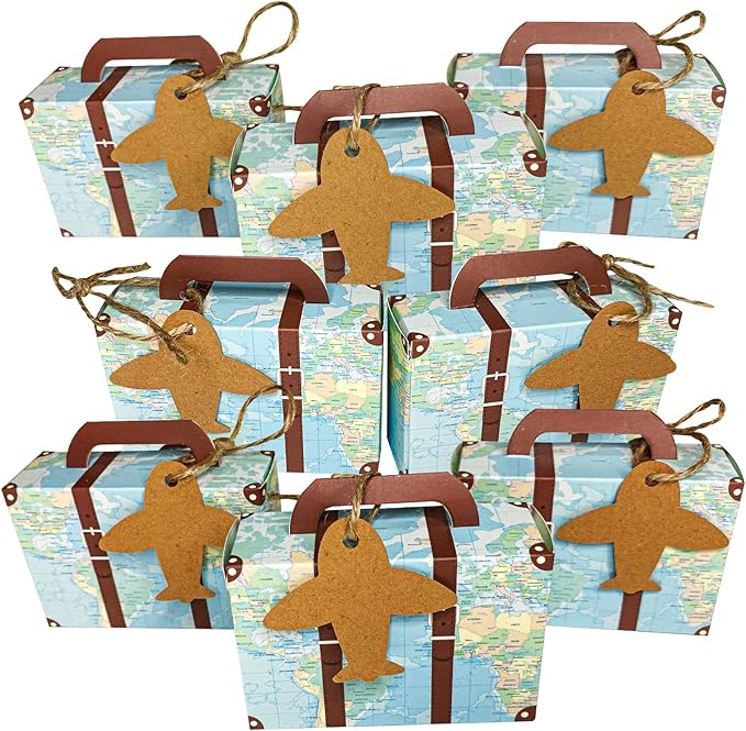 50Pcs Party Favor Candy Box, World Map Mini Suitcase Favor Box, Vintage Kraft Paper with Tags and Burlap Twine for Travel Themed Party, Bridal Shower, Wedding Decorations