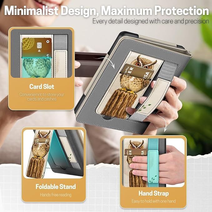 TNP Stand Case for Kindle Paperwhite 12th Generation 2024 / Kindle Colorsoft Signature Edition with Hand Strap & Card Slot - 7" PU Leather Protective Folio Cover with Auto Wake/Sleep, Owl in The Tree