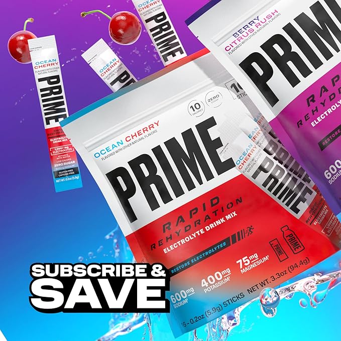 Prime Rapid Rehydration Electrolyte Powder Sticks, Ocean Cherry, Sugar Free Hydration Drink Mix with Sodium, Potassium, Magnesium & B Vitamins to Replenish Fluids, Caffeine Free, 16 Count