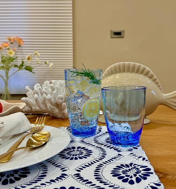 KLIFA- ETON- 15.2 & 20.8 ounce, Acrylic Tumbler & Highball Drinking Glasses Set, BPA-Free, Stackable Plastic Drinkware, Dishwasher Safe Cups, Blue
