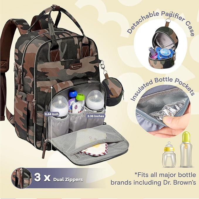 RUVALINO Diaper Bag Backpack, Multifunction Travel Back Pack Maternity Baby Changing Bags, Large Capacity, Waterproof and Stylish, Green Camo