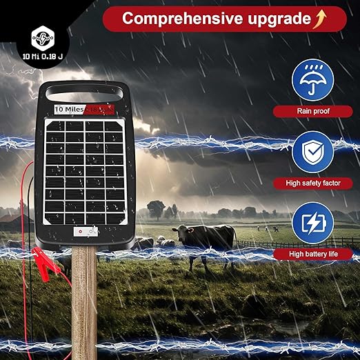10 Miles Solar Powered Electric Fence Charger – 0.18J Output, 24/7 Day/Night Protection, Portable Fence Energizer for Dogs, Chickens, Garden, Livestock, Rechargeable Solar Panel, Rugged & Waterproof
