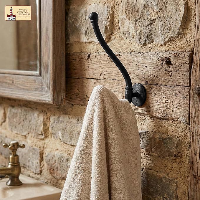 Mystic Colonial Rustic Cast Iron Wall Hooks, Heavy Duty Retro Utility Hanger, Multi Purpose Wall Mount Hooks for Hanging Coat, Bag, Towel, Robe, Hat, Pack of 2-8"" x 1.5"""