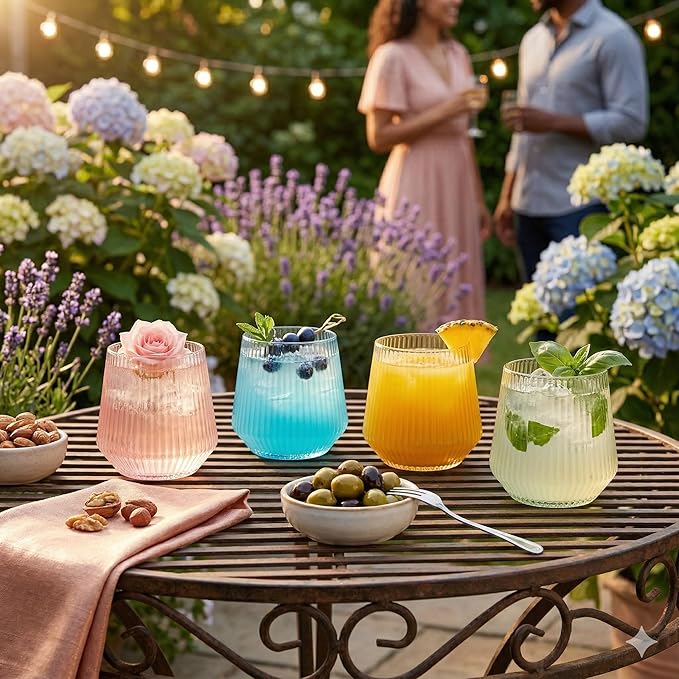 Oojami 40 Pack Origami Ribbed Stemless Plastic Wine Glasses 12 oz - Shatterproof BPA-Free Disposable Recyclable Unbreakable Ripple Cups for Champagne Whiskey Cocktail, Wedding Party (Color Collection)