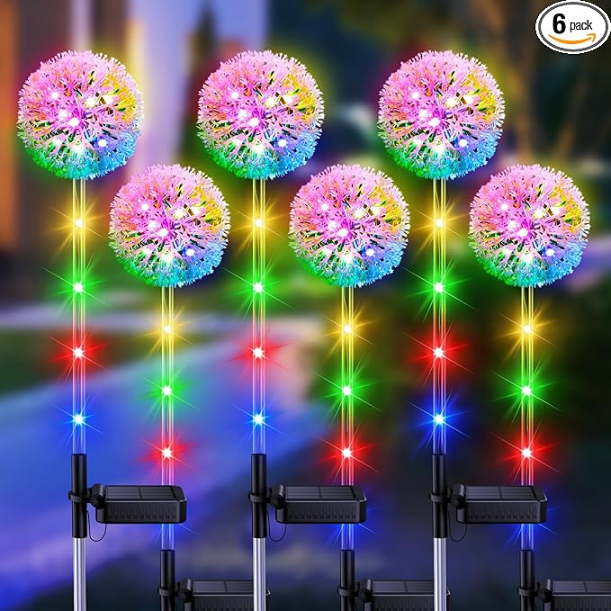 WdtPro Solar Lights Outdoor Garden Decor, 6 Pack Solar Flower Lights, 2 Modes Colorful Dandelion Light, Brighter Waterproof Decorative Garden Lights for Yard, Patio, Flower Bed, Unique Gifts for Women