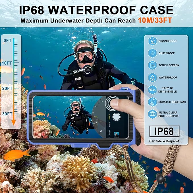 2026 Diving Snorkeling Phone Case for iPhone 17/16/15/14/13/12/11 Pro Max/XS/X Samsung Galaxy S26/S25/S24 Professional Scuba Dive Waterproof Underwater Photo Video Cover (4TH Gen, Blue-)