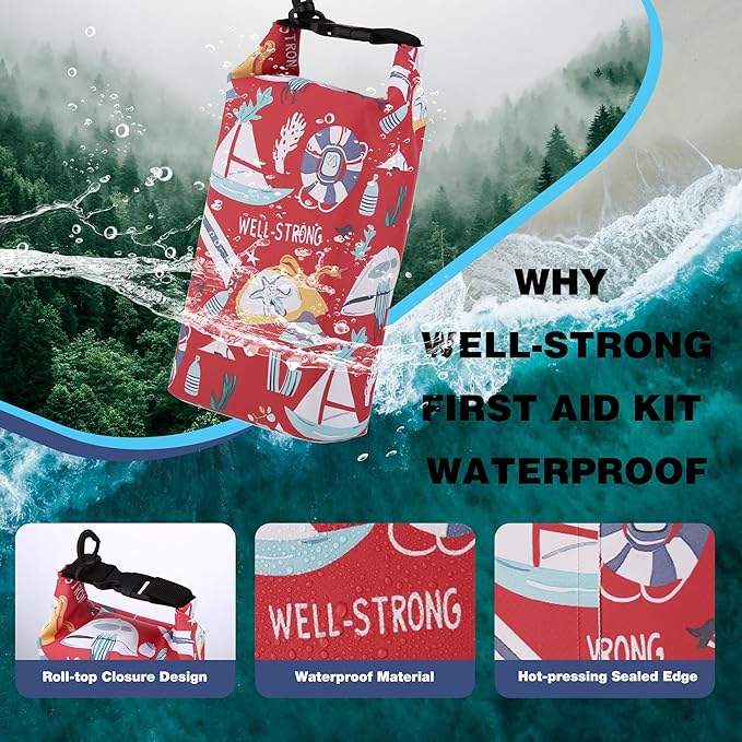 Boat First Aid Kit Waterproof, WELL-STRONG Marine Emergency Kit with Roll Top Dry Bag for Boating Fishing Kayaking – Water-Resistant Contents for Camping & Beach（Red Sea）
